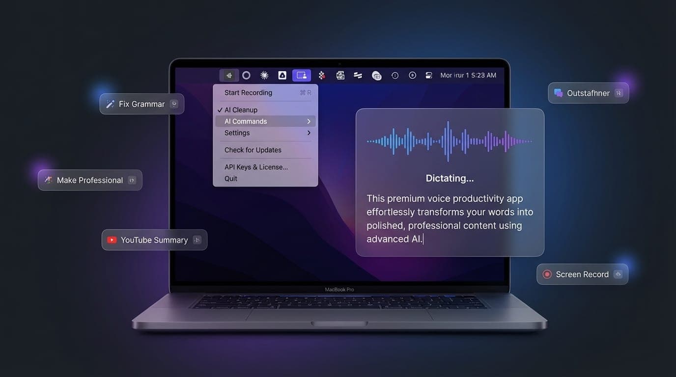 OutstaFlow running on a MacBook — menu bar app with AI commands and live dictation